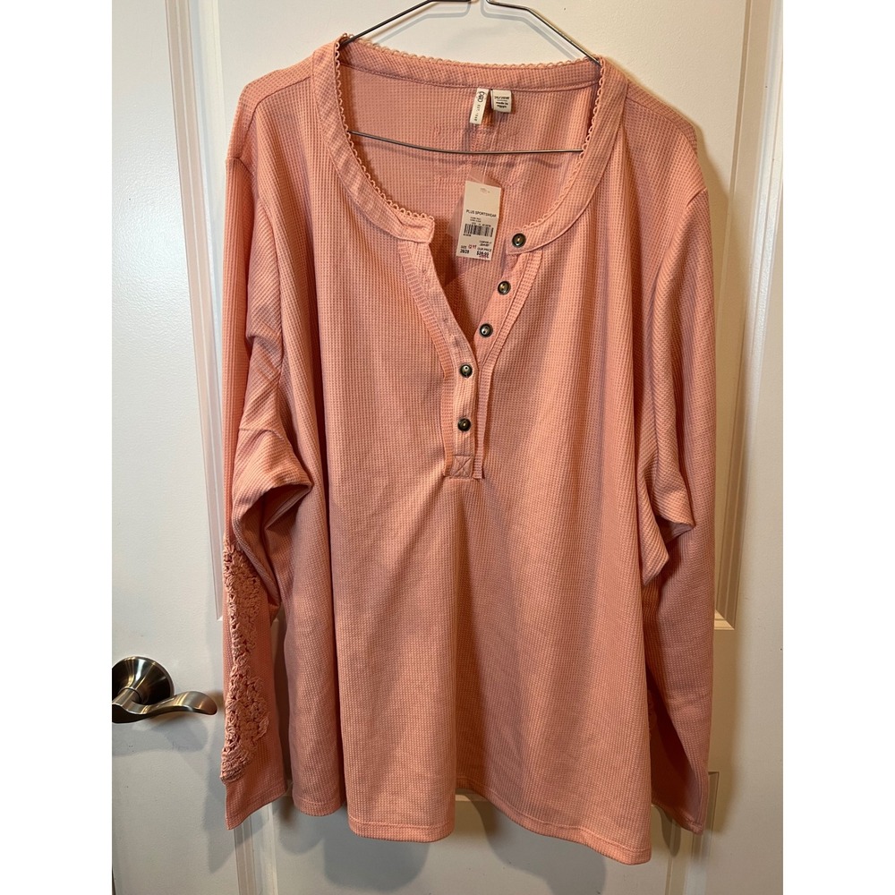 Cato Womens Henley Waffle Knit Crochet Sleeve Pink 26/28W NWT